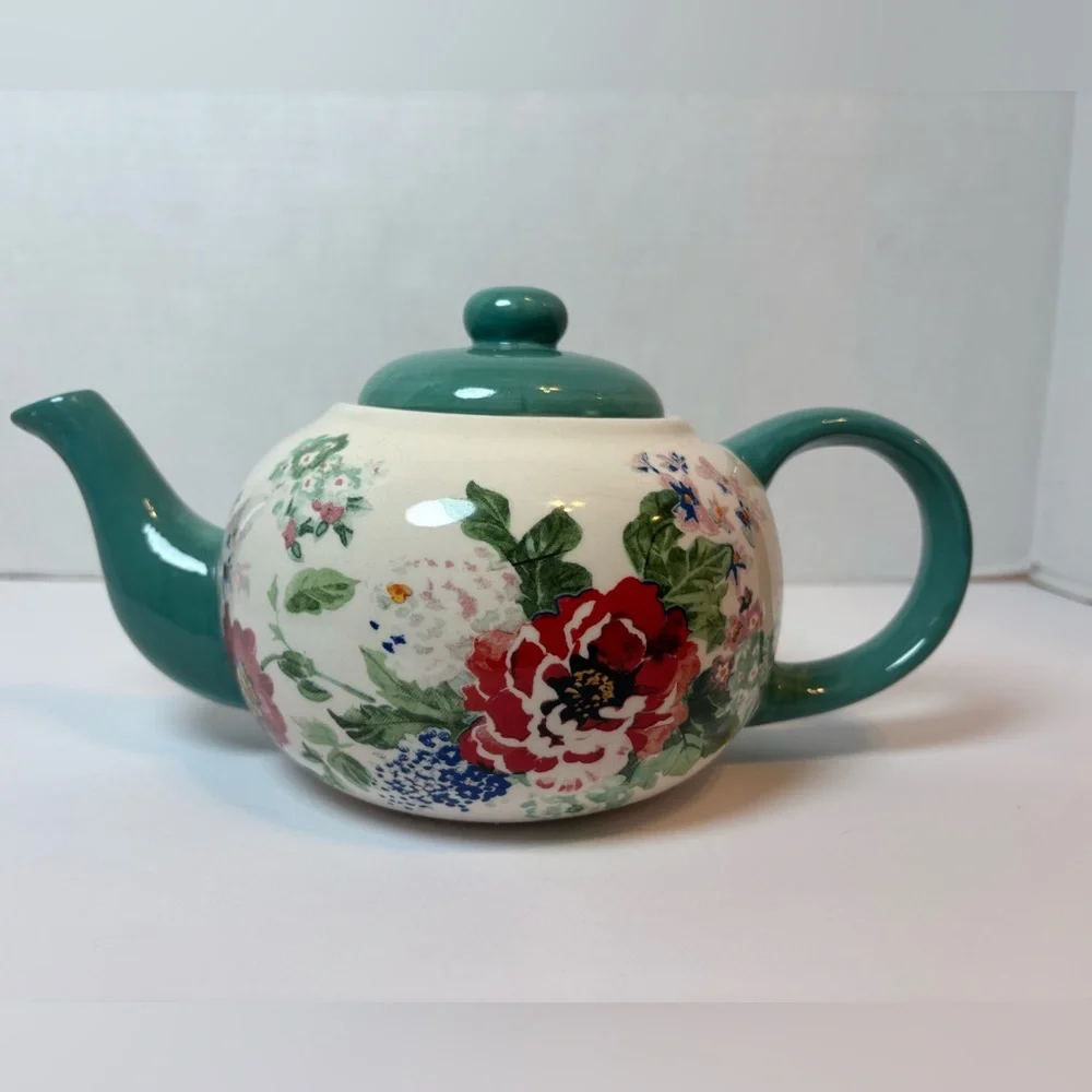 The Pioneer Woman Country Garden pattern ceramic teapot teal with floral design
